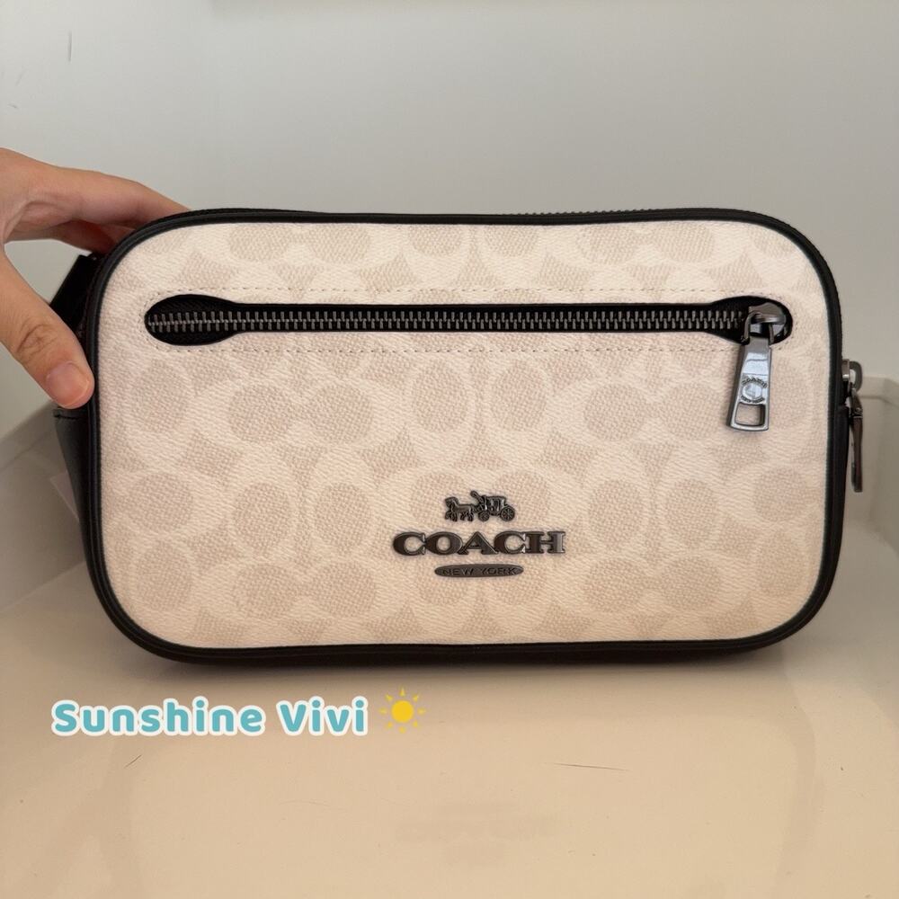 NWT Coach Elias Signature Canvas Belt Bag CZ400 Gunmetal/Chalk/Black